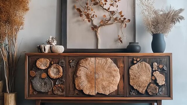 Unique wooden sideboard with artistic natural wood inlay detail.