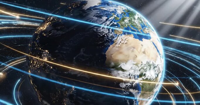 Earth with glowing blue rings.