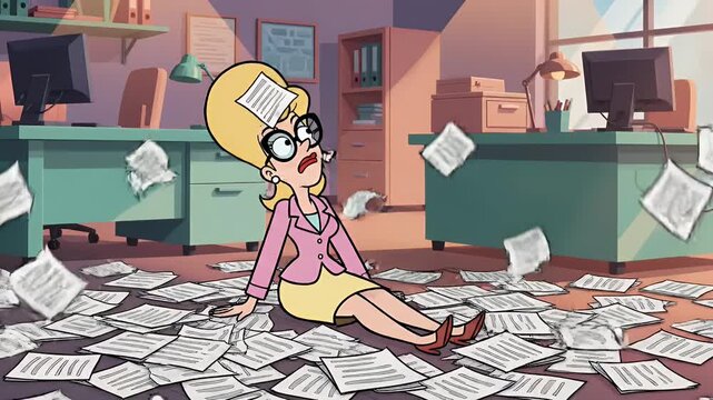 Overwhelmed cartoon woman carries huge paper stack in office