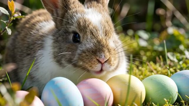 Little rabbit with patterned easter eggs in green grass. Cute bunny in spring garden, holiday celebration concept.