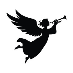 Flying angel blowing trumpet silhouette illustration, religious and biblical concept, black vector isolated on transparent background. © Anowara