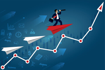 Business success concept. businessman standing on paper plane looking with the telescope growth modern idea and to corporate goal. on arrow graph line white. competition to destination. leadership