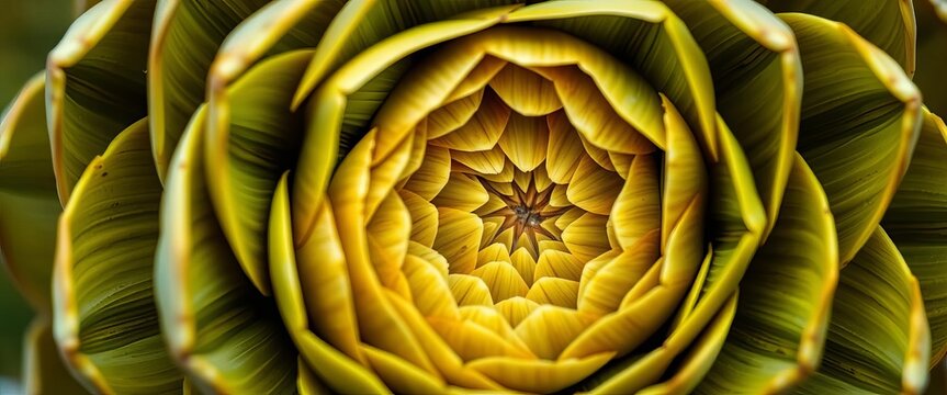 Close-up of artichoke revealing spiraling fractal pattern, showcasing Fibonacci sequence in nature, green, brown