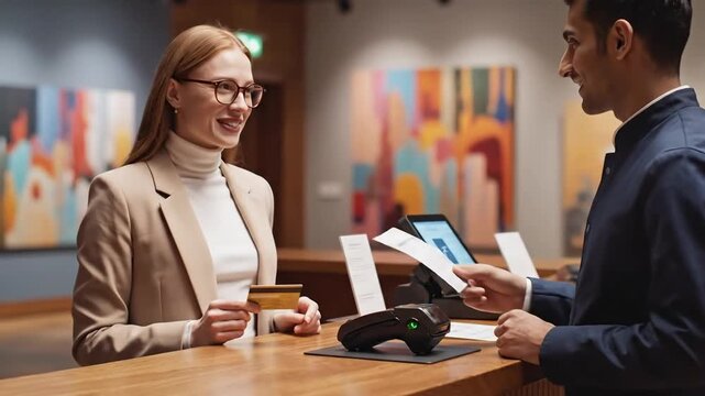 Smiling customer pays with credit card at a modern retail counter secure transaction and contactless payment concept for business finance and online shopping