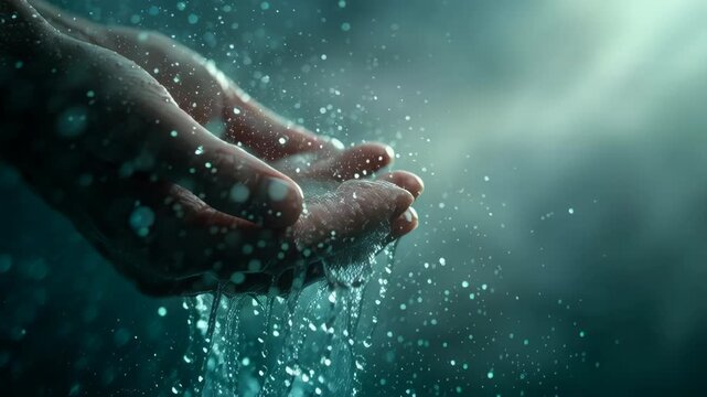 Close-up of Hands Clasped in Prayer with Water Droplets and Soft Light, Symbolizing Devotion and Spiritual Cleansing in Hindu Rituals
