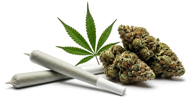 Pre-Roll marijuana joint with cannabis buds on the white background.