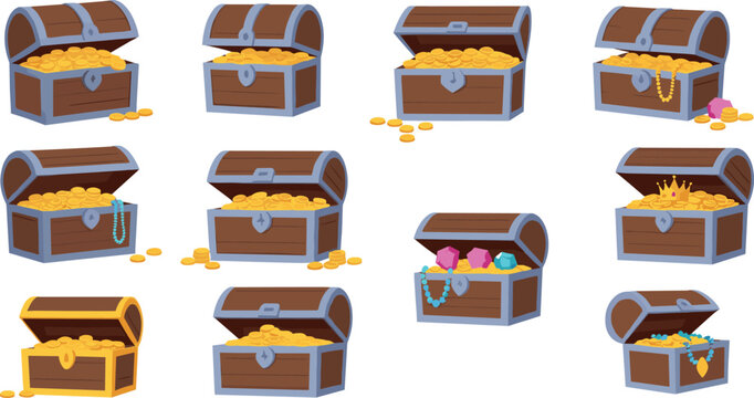 Set of cartoon treasure chests filled with gold coins and gems vector illustration