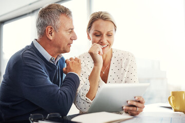 Happy, couple and people with tablet, home and financial growth with investment on website or...