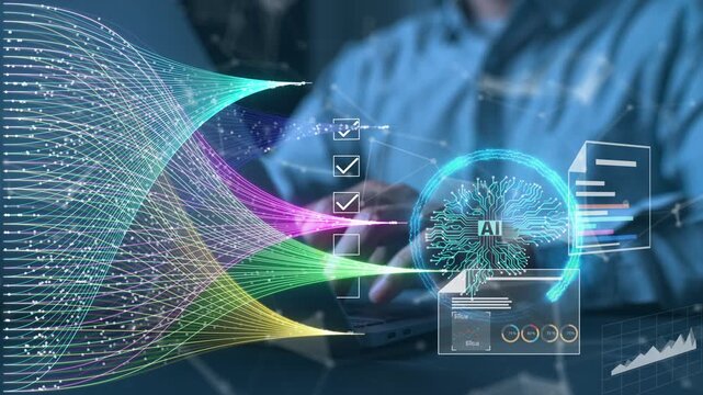 Futuristic concept of an AI-powered document management system (DMS). A businessman is working on a laptop with a virtual holographic interface displaying an artificial intelligence brain,