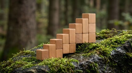 Wooden Block Stairs On Mossy Rock In Forest Setting