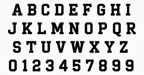 Varsity font vector alphabet, featuring bold collegiate lettering with athletic style for sports typography, team logos, school emblems, apparel prints, and retro graphics. © Dalim 4