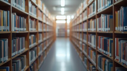 Fototapeta premium Blurred background of a modern library or archive, rows of books creating a sense of knowledge