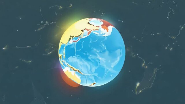 Cartoon style 3D animation of planet Earth rotating in space against a dark background with constellation lines.
