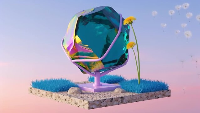 Surreal 3D Crystal Gem on Platform Surrounded by Blue Grass and Dandelions