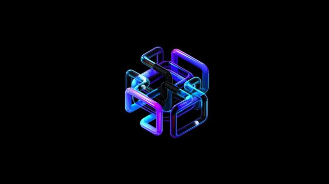 A futuristic 3D cube structure made of interconnected glowing tubes in blue and purple, representing blockchain or digital networks on a black background