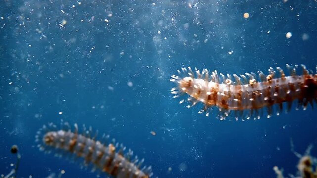 Close up underwater view of marine polychaete worms with delicate filaments in blue ocean water.