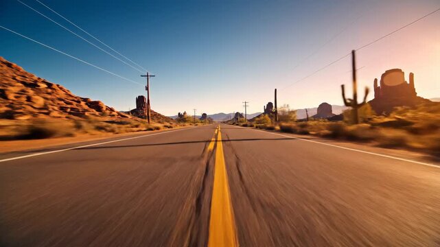 Scenic Desert Road Trip Through the American Southwest at Sunset.