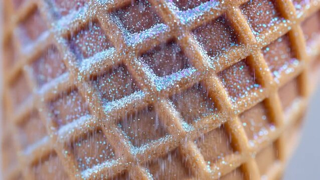 Macro shot of waffle ice cream cone texture sprinkled with shiny glitter