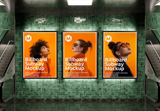 Triple Vertical Billboards Mockup in Dark Green Subway Station &ndash; Urban Advertising Template