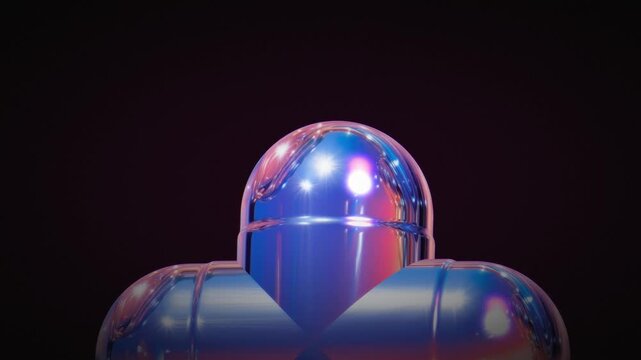Detailed view of a futuristic capsule shape with glowing iridescent surface reflecting purple and blue light against a dark backdrop in a 3D rendering