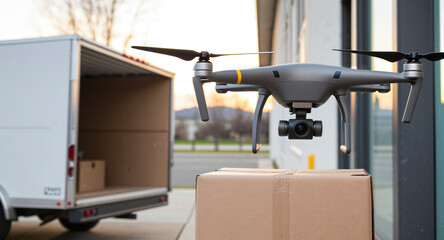 A delivery drone carries a cardboard box parcel