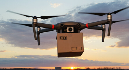 A delivery drone carries a cardboard box parcel