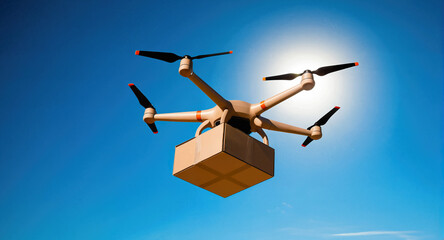 A delivery drone carries a cardboard box parcel