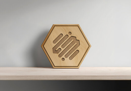 Logo Engraved in Hexagonal Wood Plate Mockup