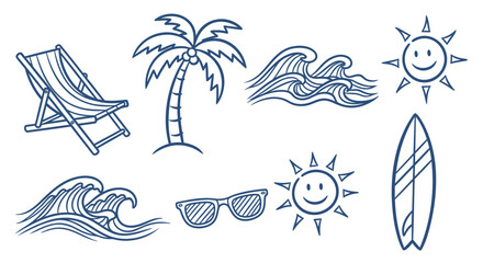 Obraz premium Summer vacation icons set, beach symbols, palm tree, sunglasses, surfboard, wave, sun, beach chair, for web design or social media, Isolated on transparent background, png