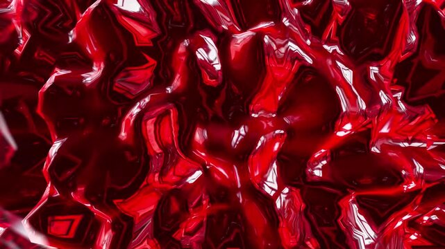 Extreme close-up of a shiny red surface featuring angular abstract shapes and reflections with a highly detailed texture and organic appearance