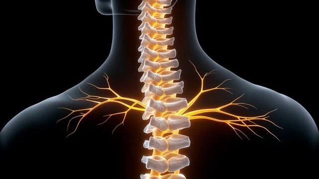 Anatomical illustration of human spine with highlighted vertebrae and glowing nerve branches, showcasing the intricate structure and connections in a dark background setting