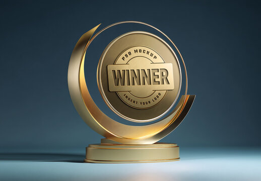 Vintage Golden Trophy On Blue Background Mockup