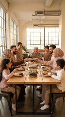 Happy Modern Muslim Family Having Iftar Dinner in Stylish Apartment, Laughing and Eating Dates