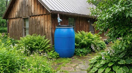 Obraz premium Blue rainwater barrel connected to a downspout on the side of a rural house, surrounded by lush green foliage and garden path.
