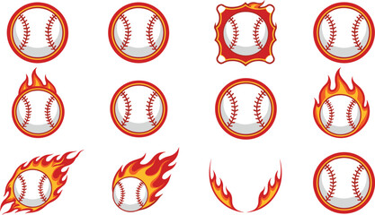 Set of flaming baseball vector icons with fire circle frames and sport emblems © tofajjol studio