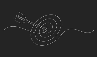 One Continuous Line Drawing of Target with Arrow Hitting Bullseye. Goal Achievement, Business Success, and Marketing Strategy Concept.