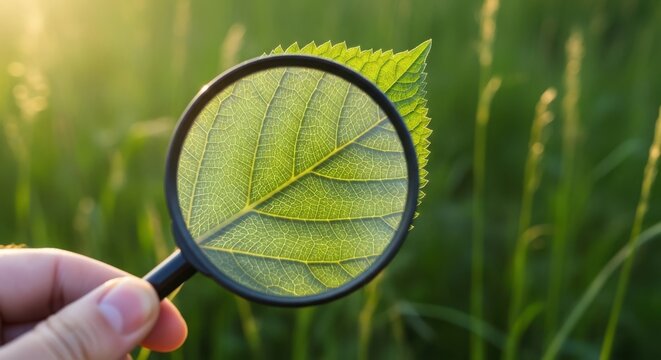 Hand holding magnifying glass examining a green leaf in sunlight. Nature observation and scientific study concept