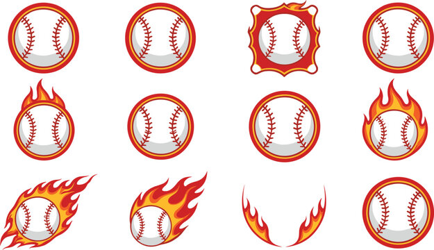 Set of flaming baseball vector icons with fire circle frames and sport emblems