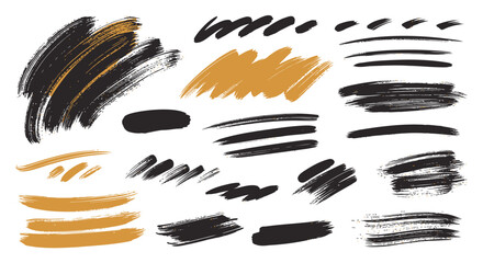 Fototapeta premium Black and golden brush strokes, vector illustration of abstract painting elements, for design or artistic projects, overlay effect, texture, pattern, Isolated on transparent background, png