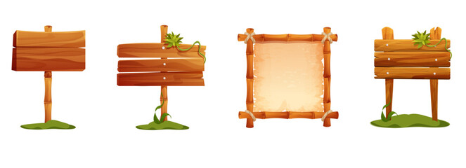 Wooden signboard frame set, border board, jungle decoration brown plank. Rustic textured tree panel frames with bamboo and grass fastened with timber nails and natural rope. Ui game asset 