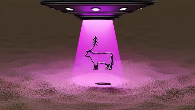 Stylized cow outline with Christmas tree abducted by flying saucer UFO beam