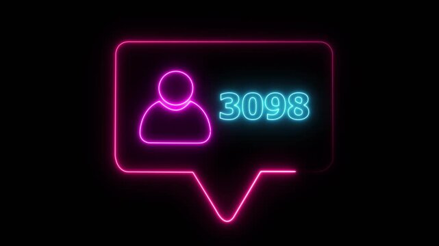 a glowing neon social media follower notification icon. The speech bubble outline glows in orange, featuring a blue neon user icon on the left and bold pink neon text reading "5000"4k video