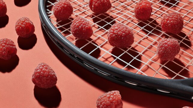 Raspberries scattered on a tennis racket, a fruity and sporty composition