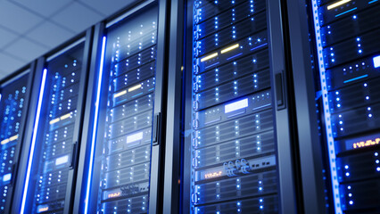 Server racks in server room data center - Cloud Computing, Artificial Intelligence, Database Concept - 3d illustration