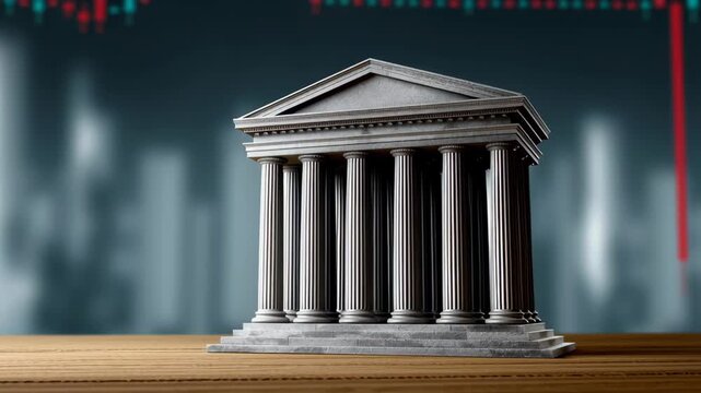 Architectural model of a classical building with columns on a wooden surface, showcasing a blurred financial graph background with red and green indicators, emphasizing stability and structure in fina