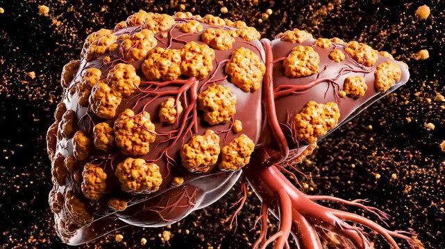 Human Liver Transformation Showing Smooth Healthy Surface Changing Into Nodular Scarred Organ With Restricted Blood Flow in Anatomy
