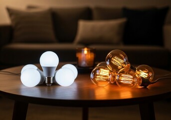 Comparison of Modern White LED Light Bulbs and Vintage Edison Style Glass Bulbs on a Wooden Table with Warm Candlelight Background