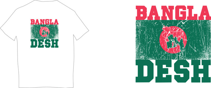 Bangladesh flag distressed vector t-shirt design template with red and green grunge texture, isolated on white