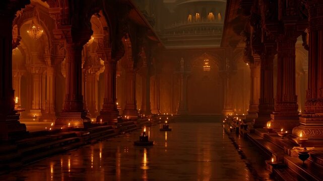 Majestic Hindu Temple Interior with Candlelit Atmosphere for Religious Celebrations and Spiritual Worship during Ram Navami