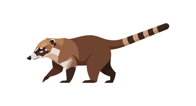 Illustration of a coati walking with a striped tail and brown fur.